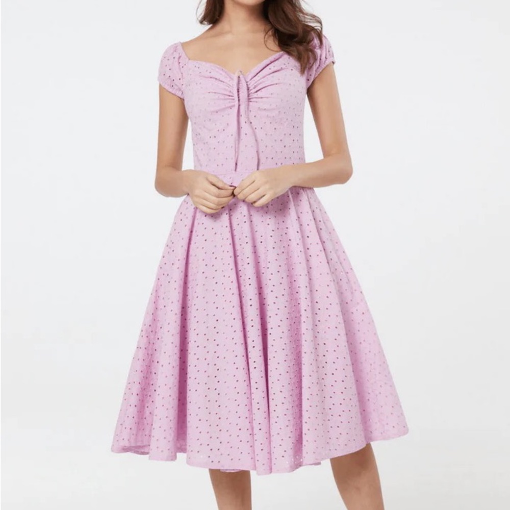 Timeless London Julie Dress Lilac Lavender Broderie Anglaise Floral Lace Spring